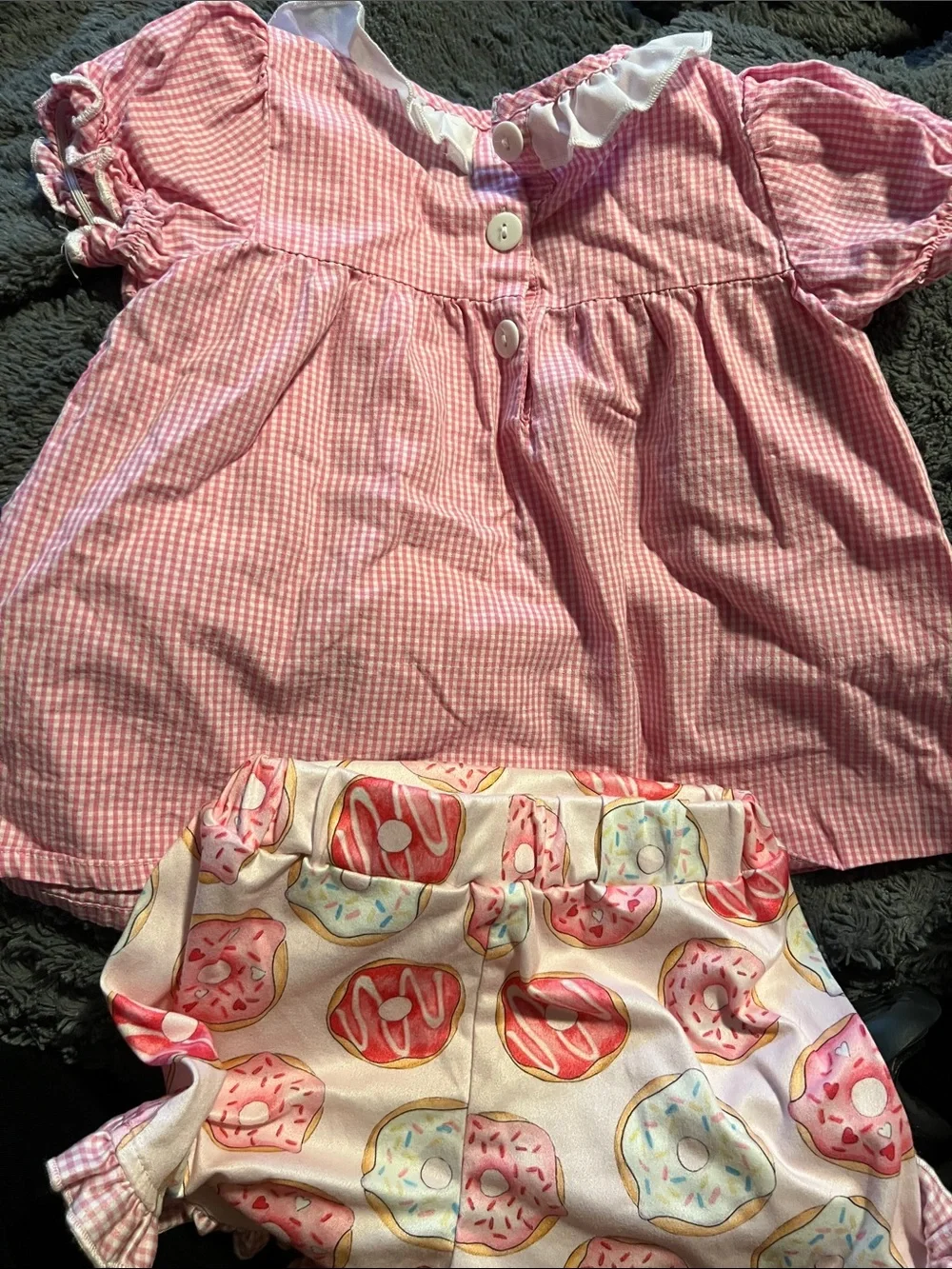 Girls Pink Gingham Donut Applique Top & Donut-Print Shorts Set